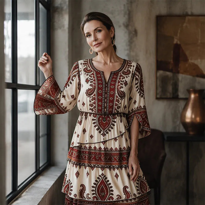Robe bohème femme à volants et imprimé ethnique