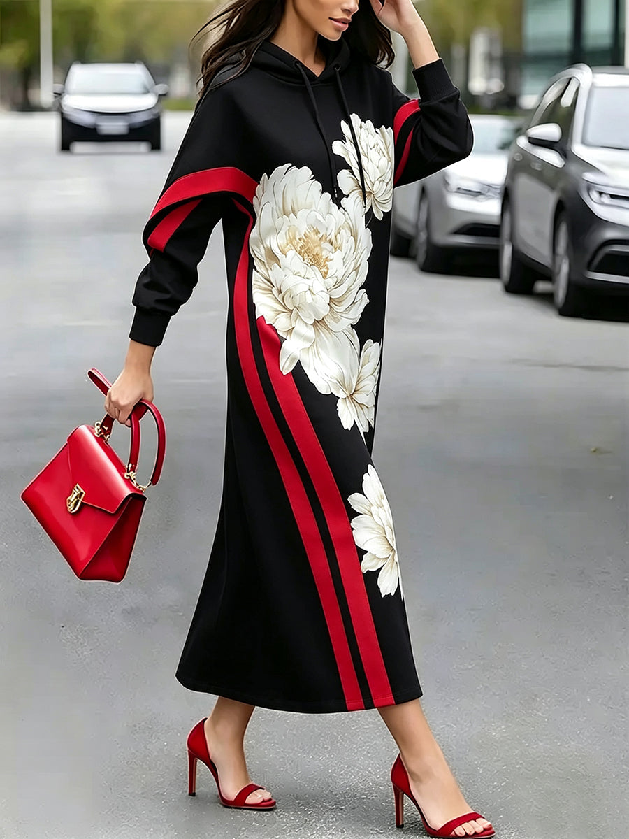 Robe longue femme à capuche et imprimé floral