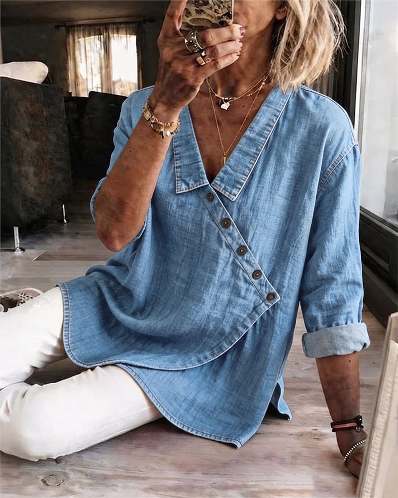 Blouse femme ample à boutons diagonaux style denim