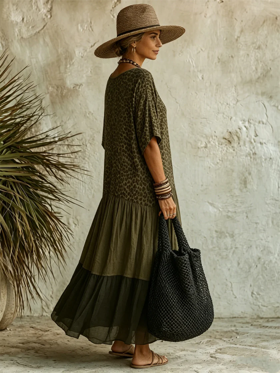 Robe Midi Bohème Femme avec Imprimé Léopard Fluide