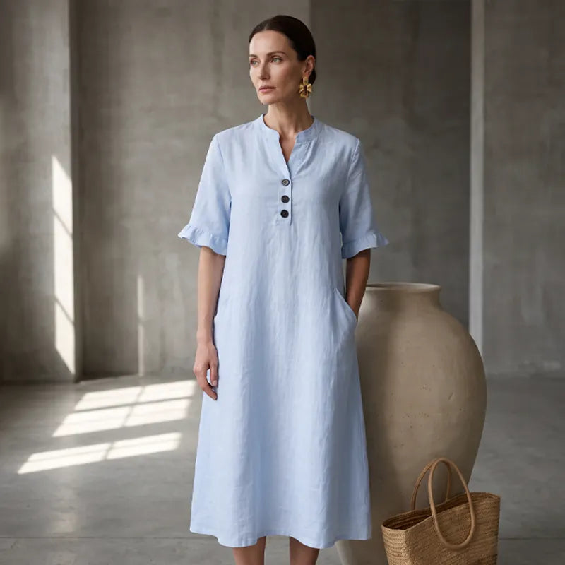 Robe midi femme coton-lin avec boutons et poches