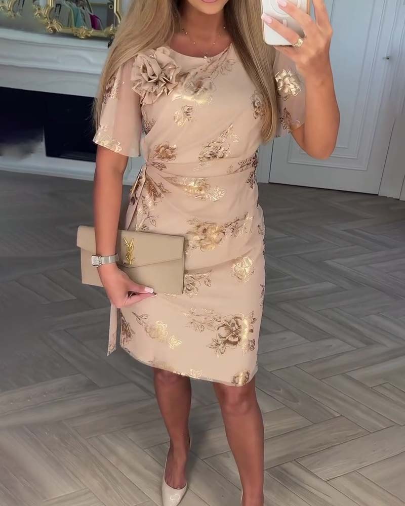 Robe midi femme fleurie élégante à taille cintrée et manches courtes