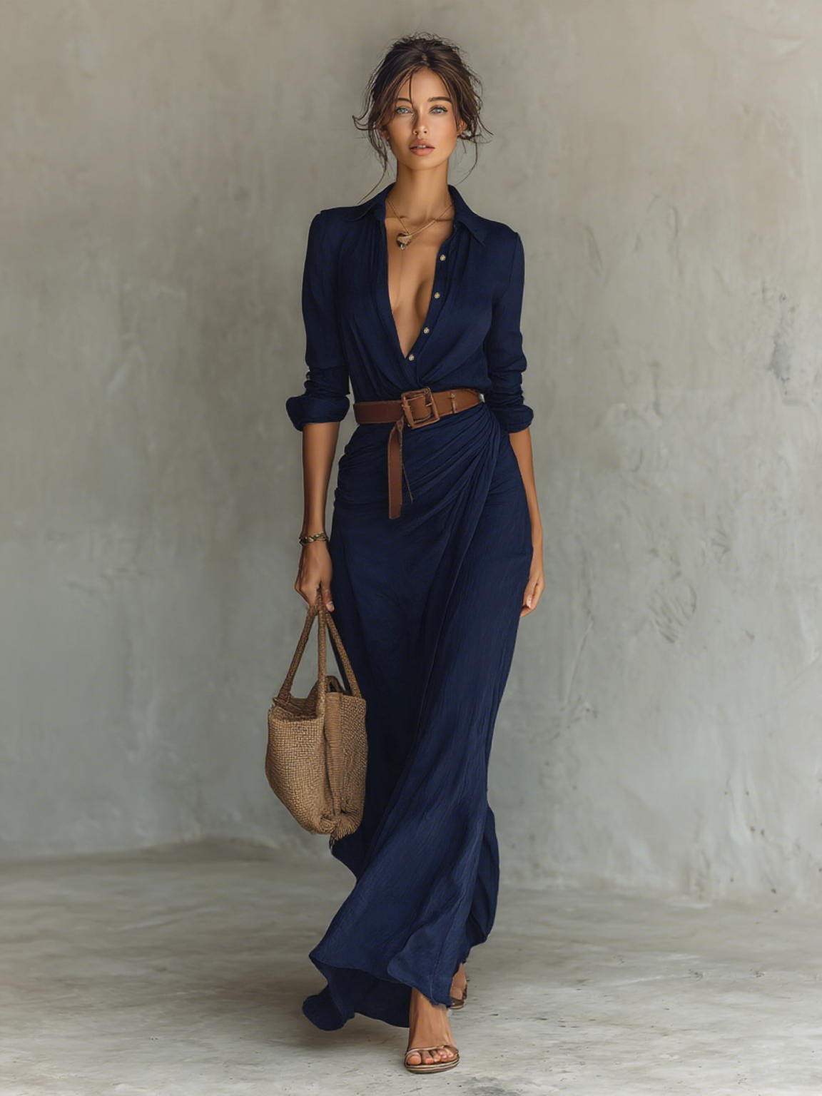 Robe maxi femme chemise avec ceinture ajustable