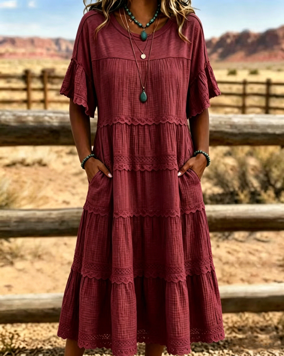 Robe femme midi en coton et lin avec volants délicats