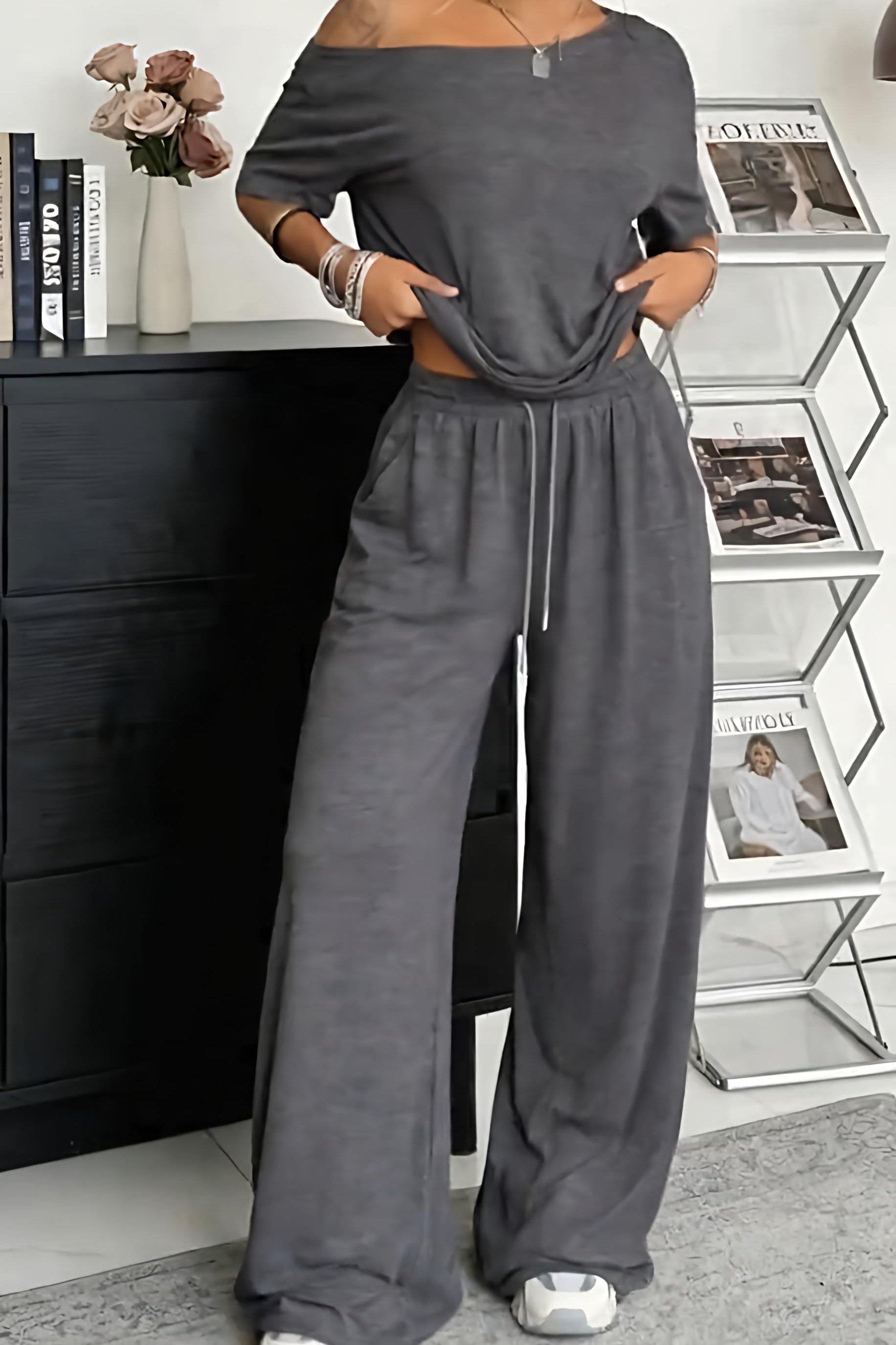 Ensemble Femme Décontracté Épaules Nues et Pantalon Large