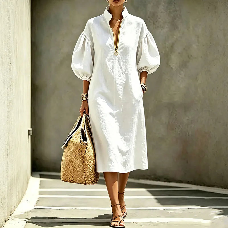 Robe femme fluide à manches bouffantes avec col zippé