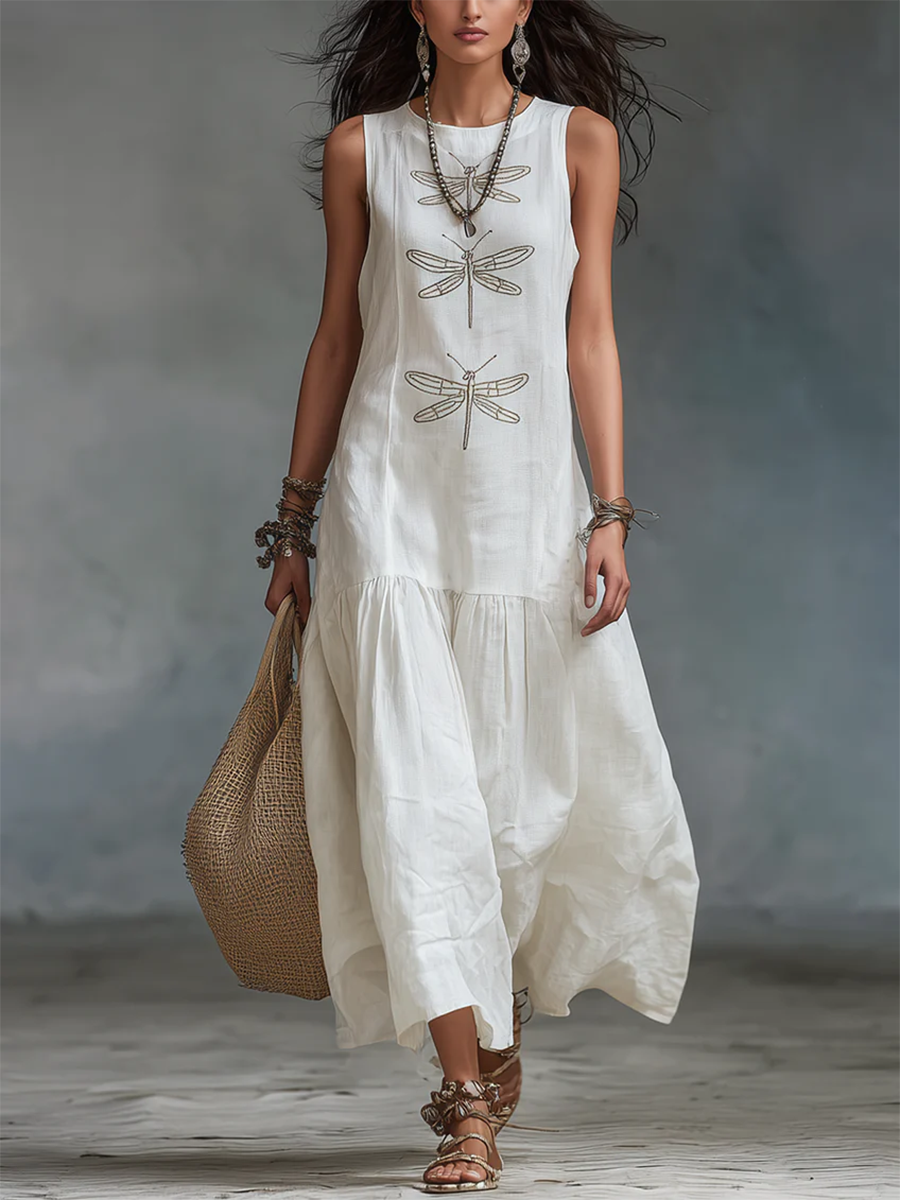 Robe longue femme en coton et lin avec broderie libellule