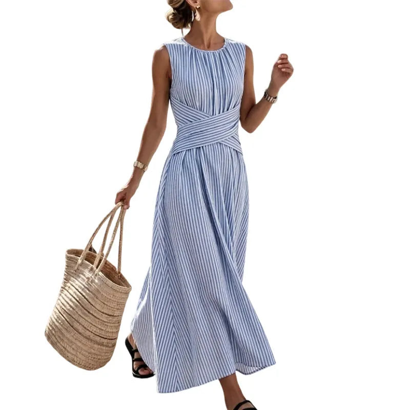 Robe maxi femme rayée sans manches avec taille croisée