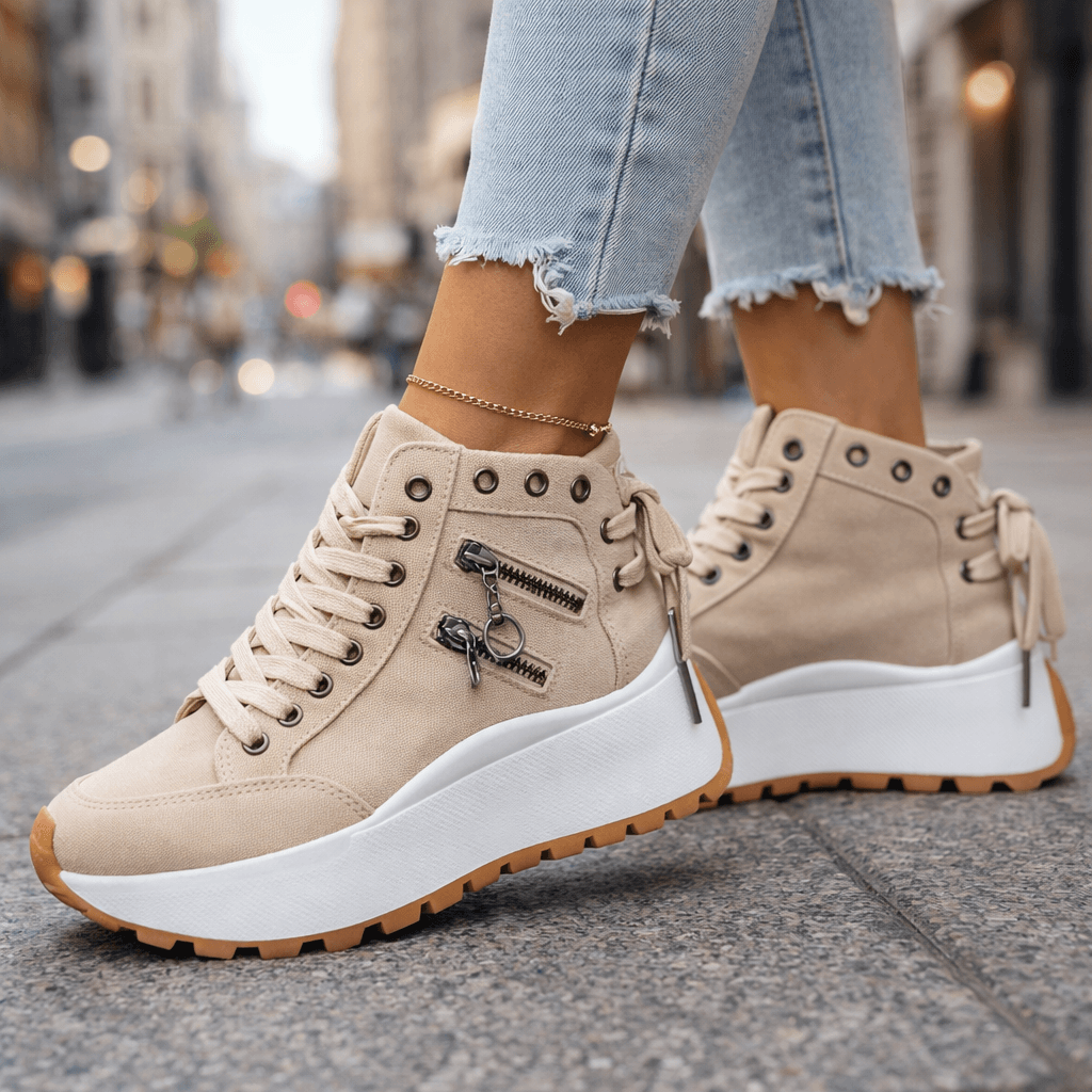 Baskets Femme Plateforme Denim avec Détails Zippés
