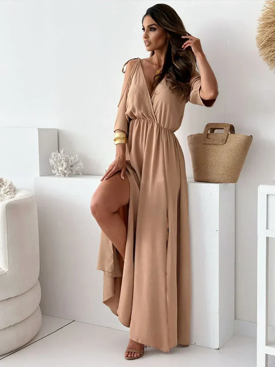 Robe Maxi Femme Élégante à Épaules Dénudées avec Fente Latérale