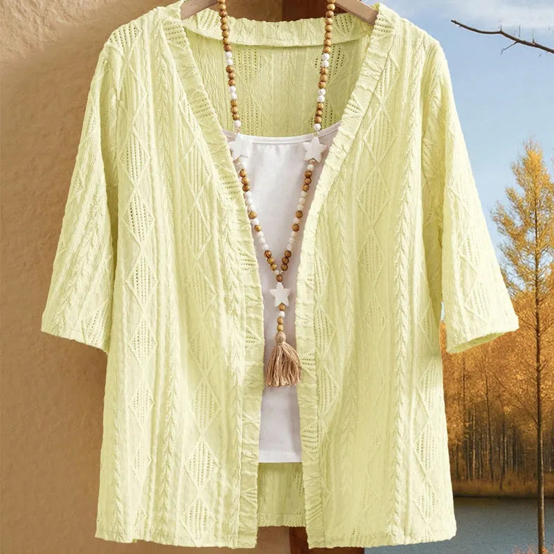 Cardigan femme ajouré ouvert à manches 3/4