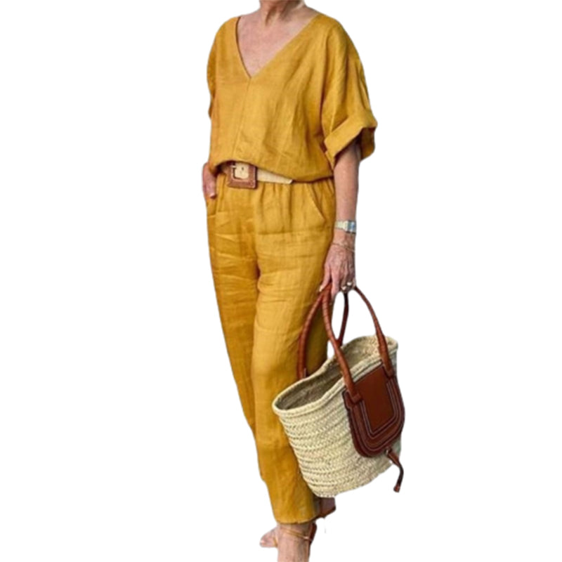 Ensemble Femme Col V Pantalon Ample Style Décontracté