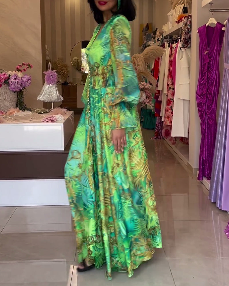 Robe femme longue imprimée fluide taille empire col V élégante bohème