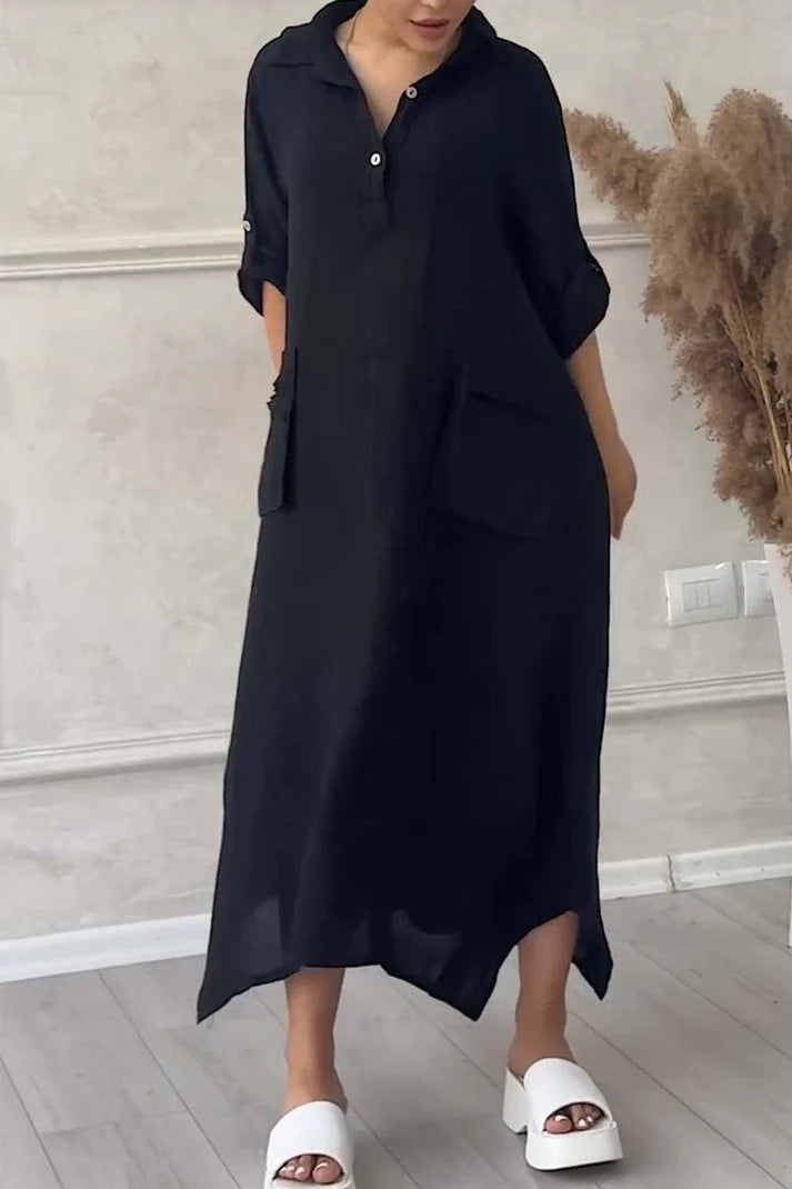 Robe Longue Femme Lin Coton Coupe Ample Col Revers Poches Style Décontracté