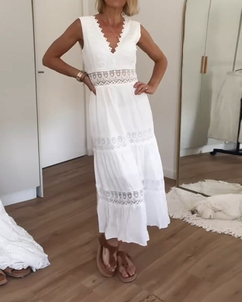 Robe Midi Femme Dentelle Col V Coupe Fluide Sans Manches Style Estival