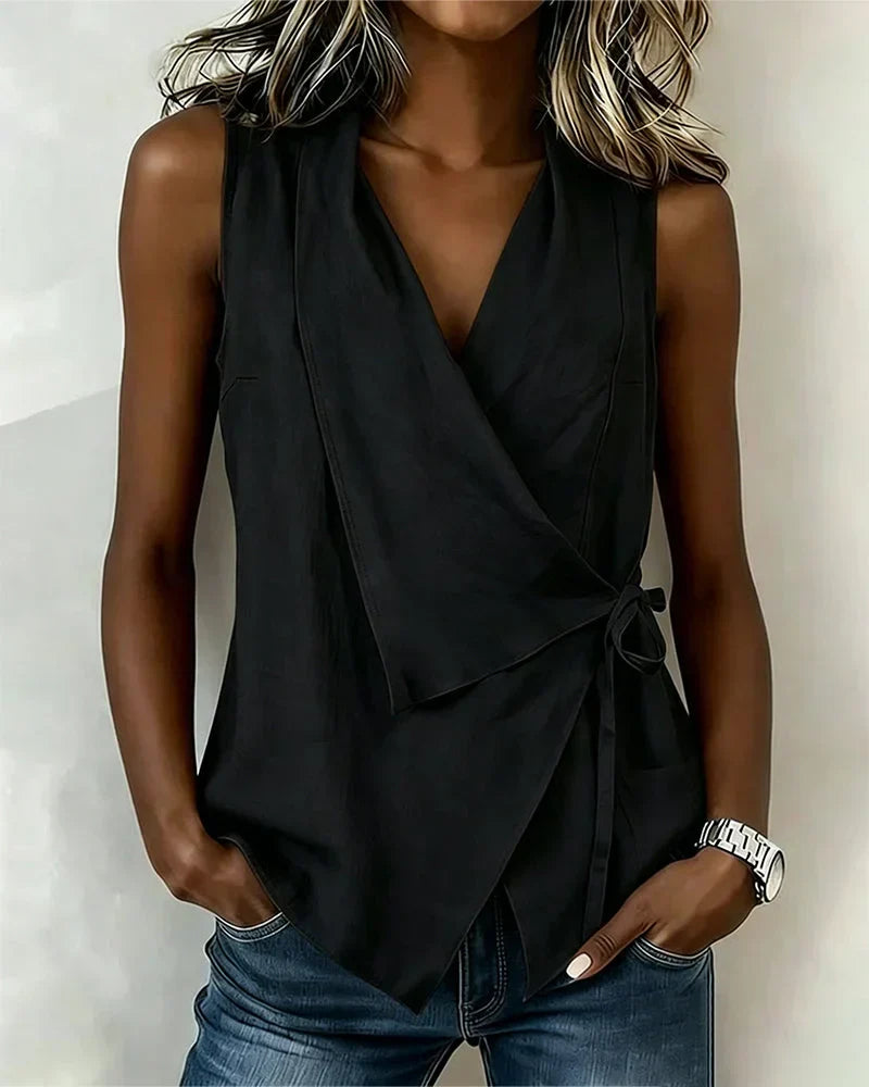 Haut Femme Asymétrique Sans Manches Effet Enveloppé Élégant