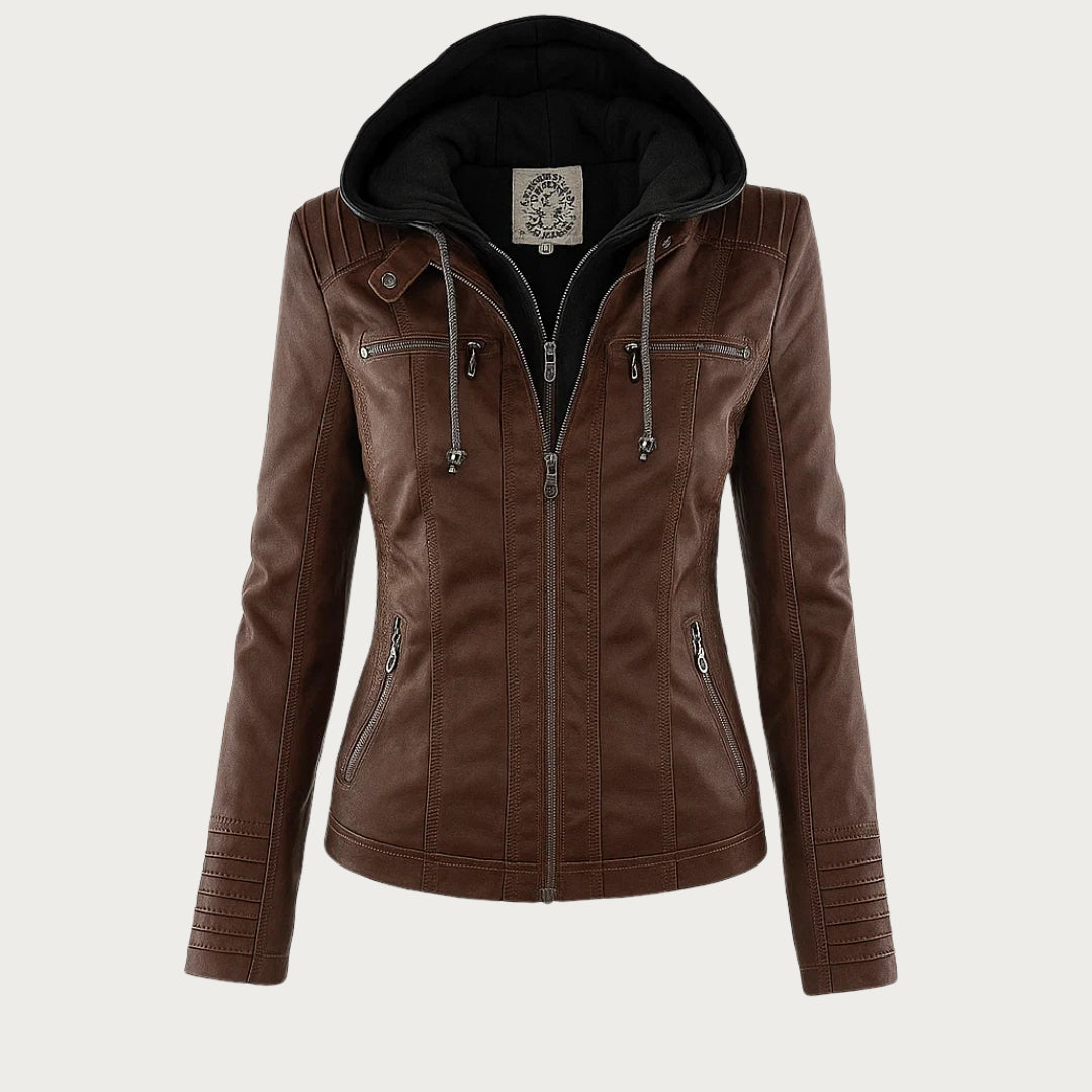 Veste femme en similicuir à capuche et fermeture zippée