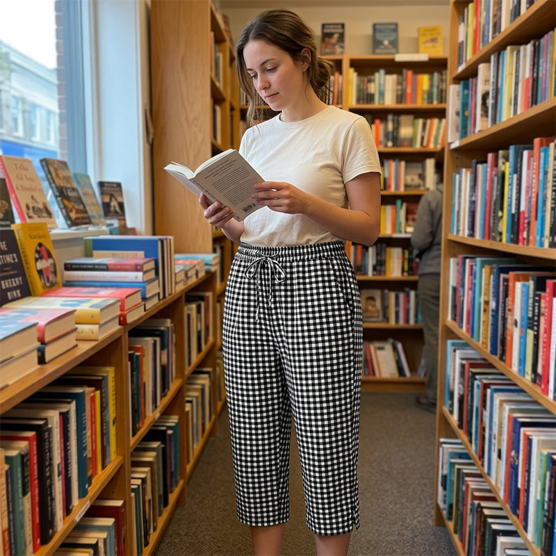 Pantalon capri femme à carreaux vichy et taille élastique