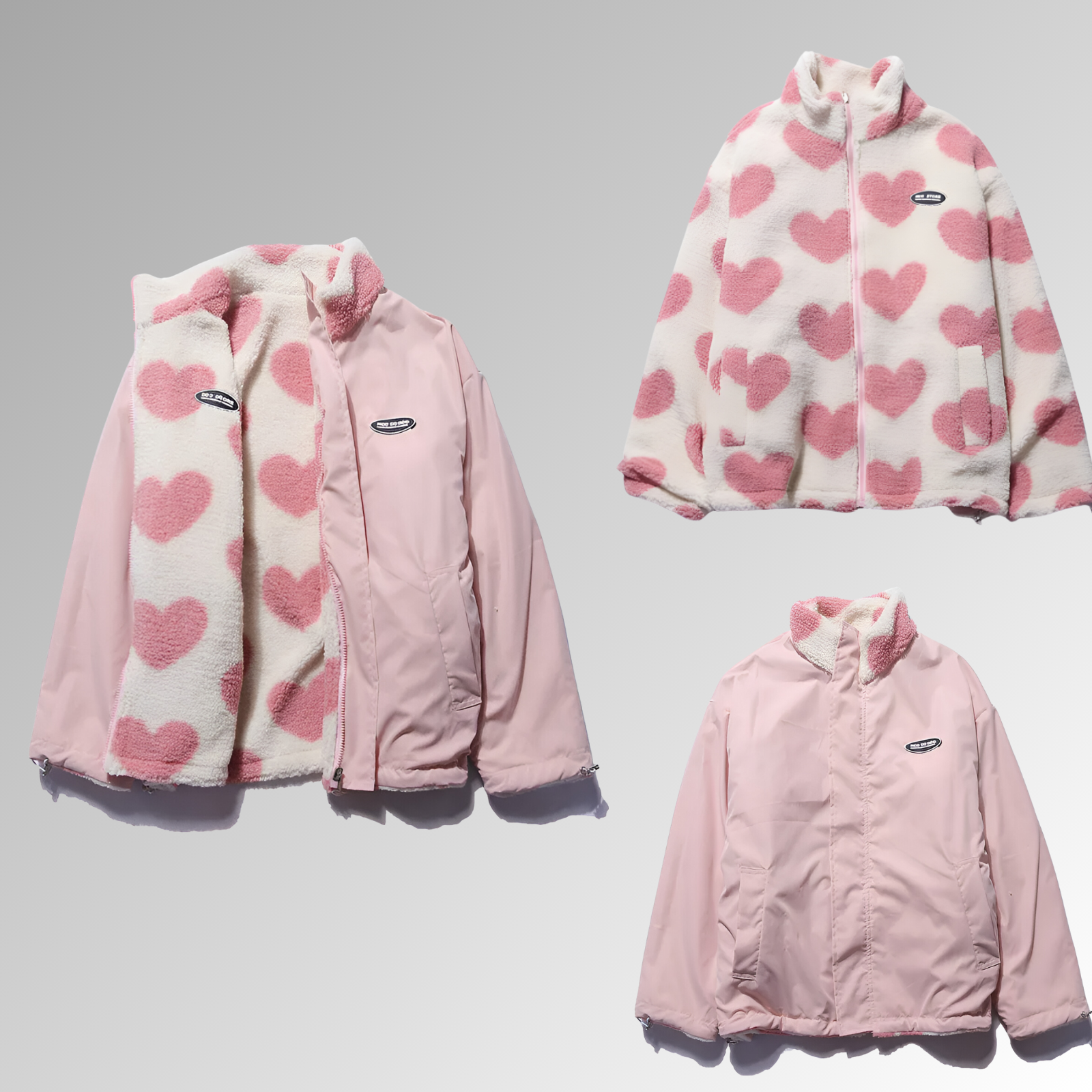 Manteau d’hiver femme en peluche double face – Motifs cœur, chaud