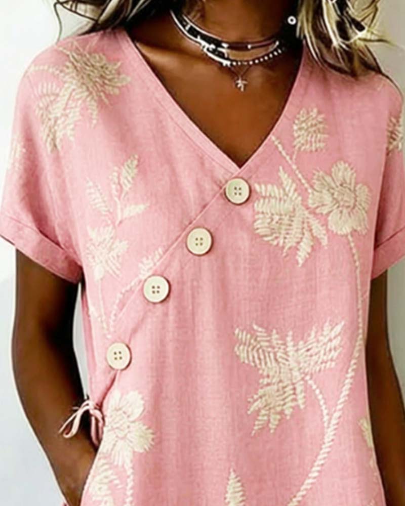 Robe femme à imprimé floral avec boutons décoratifs