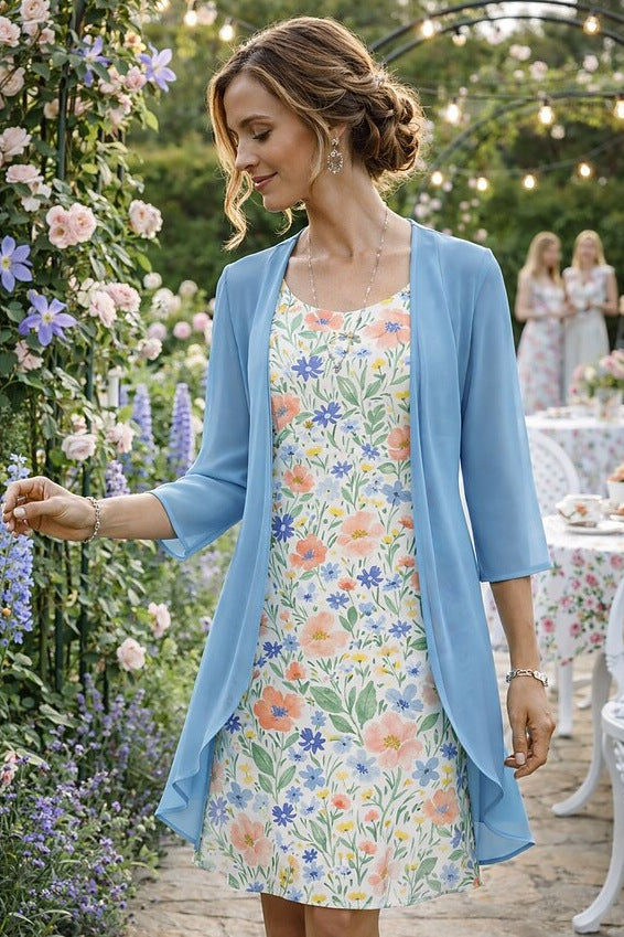 Ensemble femme robe florale avec cardigan léger assorti