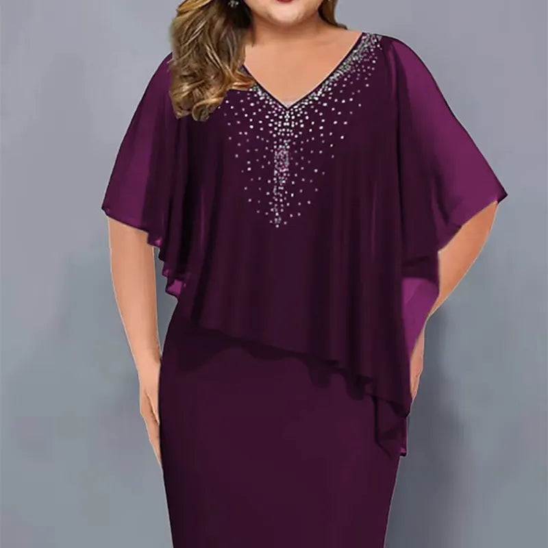 Robe cape femme avec strass et superposition en mousseline