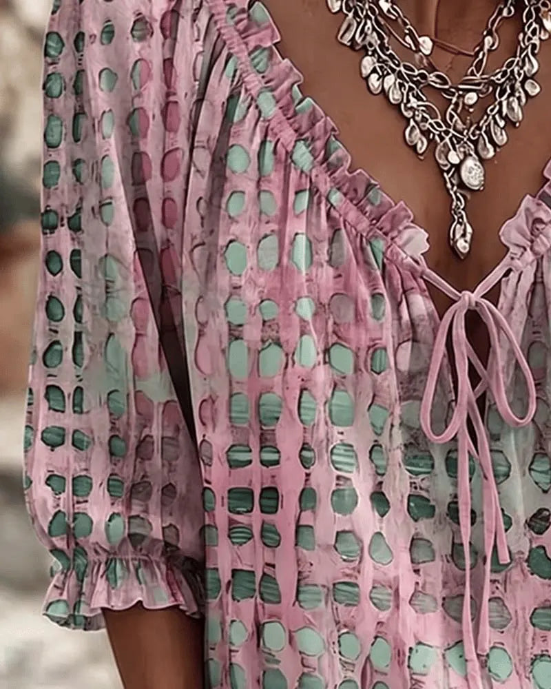 Blouse femme bohème  à pois avec col V noué