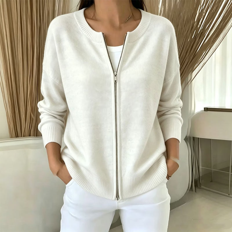Cardigan en maille femme à col rond et fermeture zippée