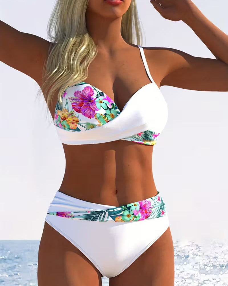 Bikini Femme Floral Contrasté à Bretelles Fines Élégantes