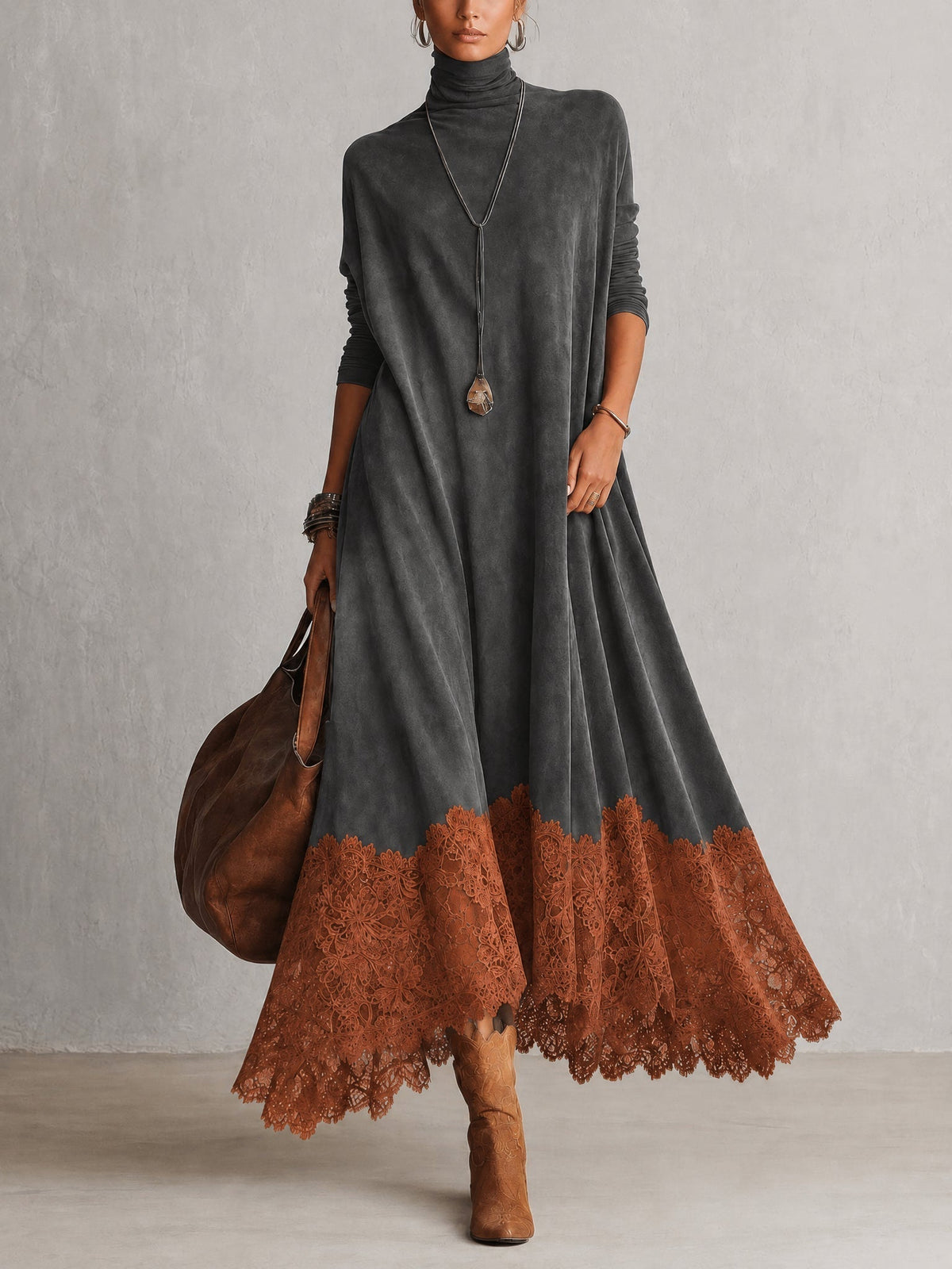 Robe longue femme effet suédé avec dentelle