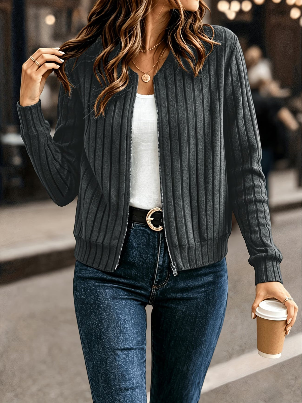 Cardigan femme côtelé avec fermeture zippée
