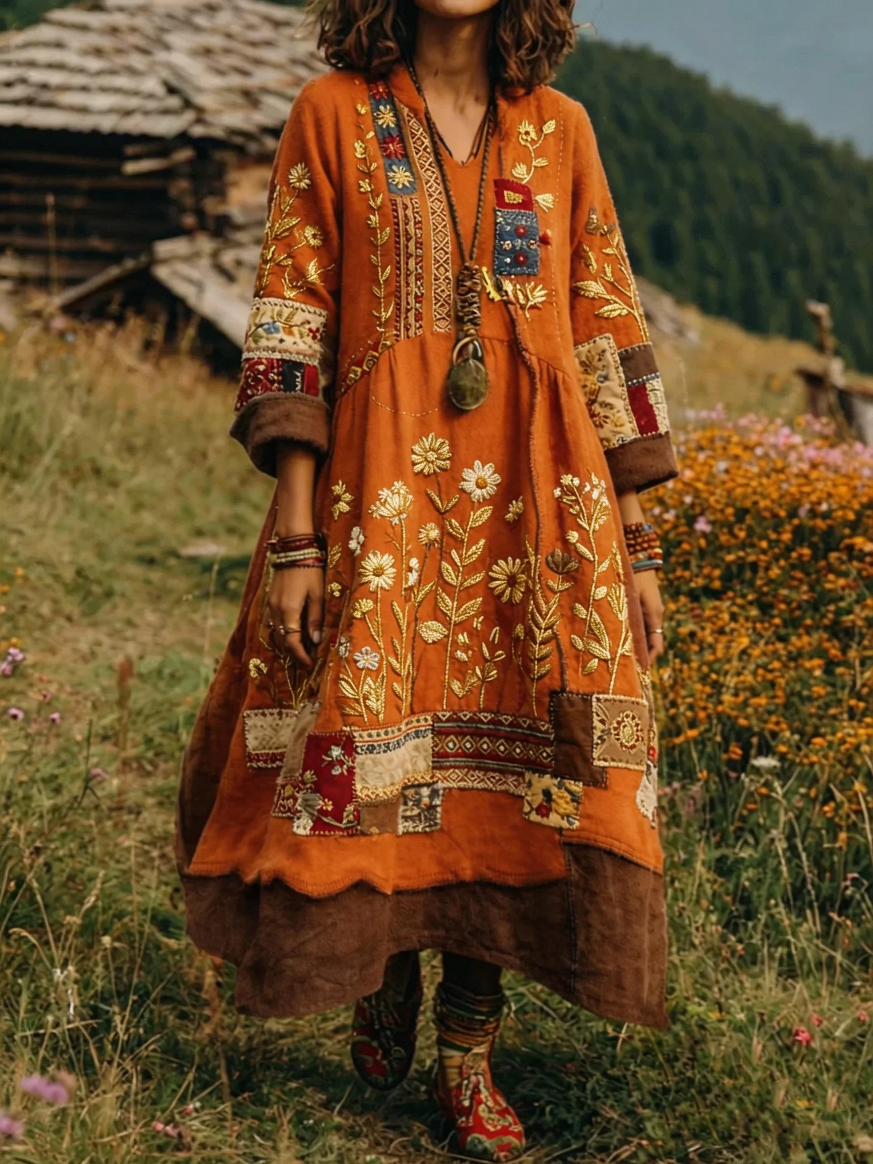 Robe Femme Bohème Patchwork Brodée Coupe Fluide Style Ethnique