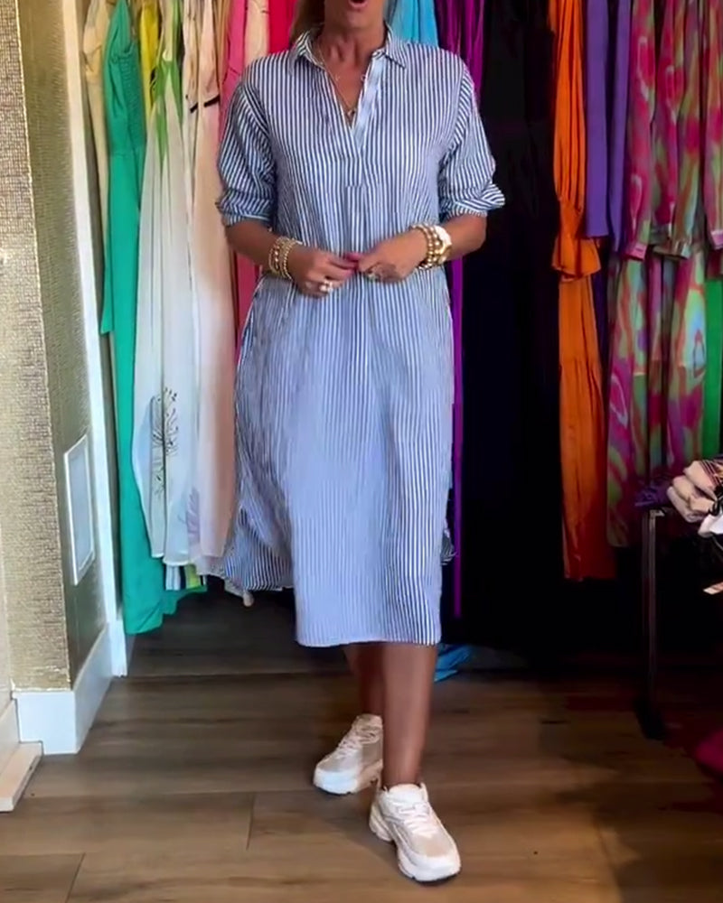 Robe femme chemise rayée fluide col revers manches longues élégante casual
