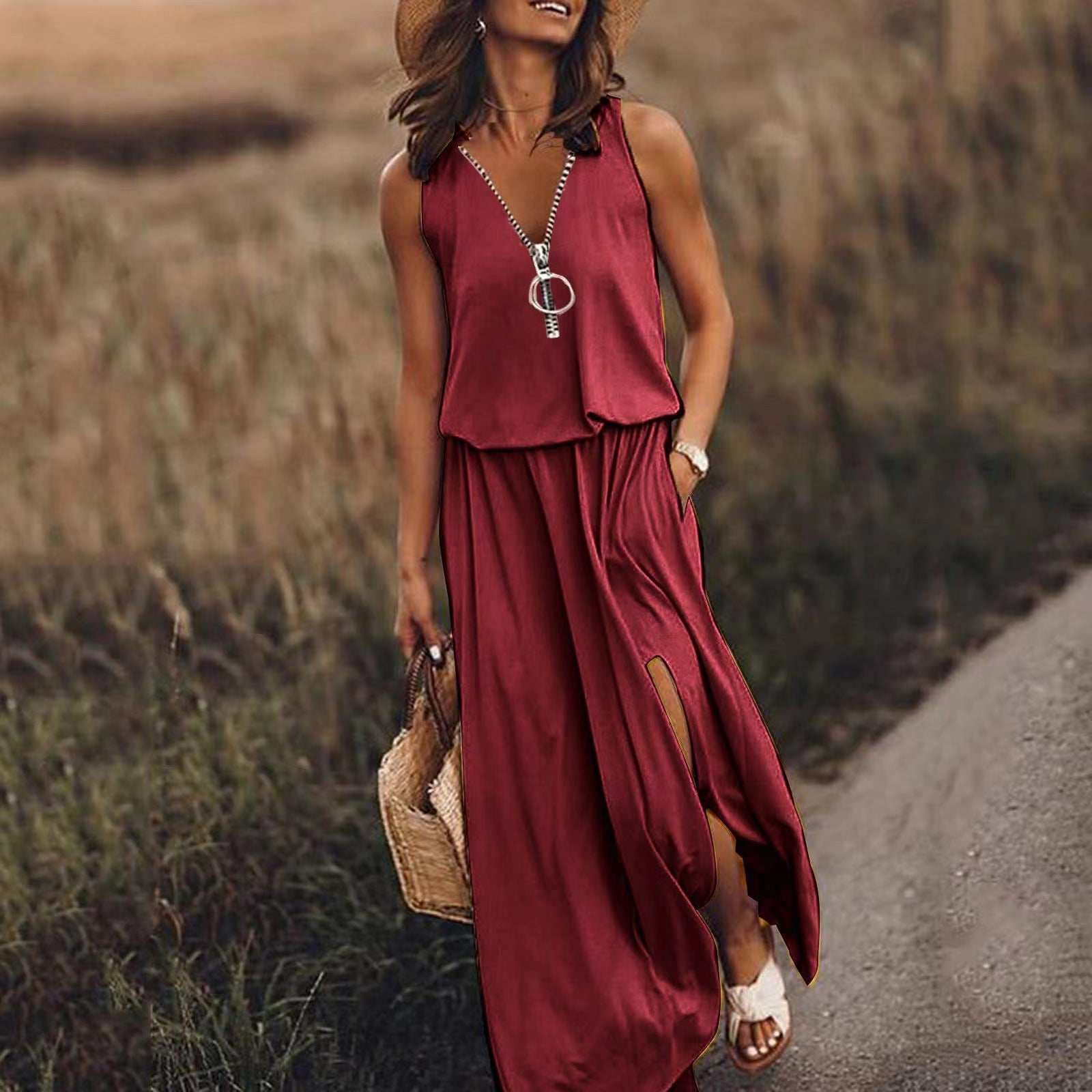 Robe Longue Femme Fluide Col V Zippé Coupe Ample Fendue Été
