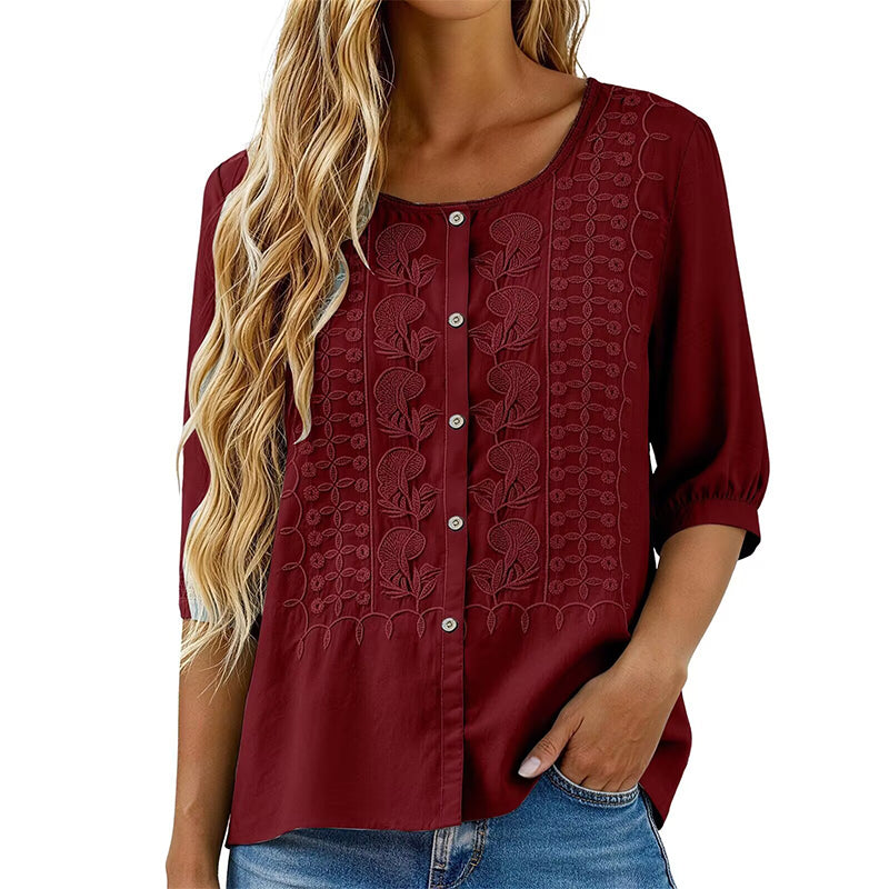 Blouse femme en coton et lin brodée à manches 3/4
