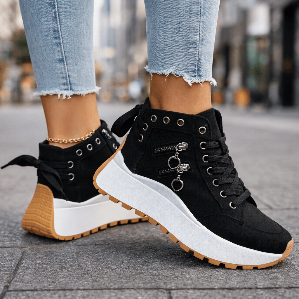 Baskets Femme Plateforme Denim avec Détails Zippés