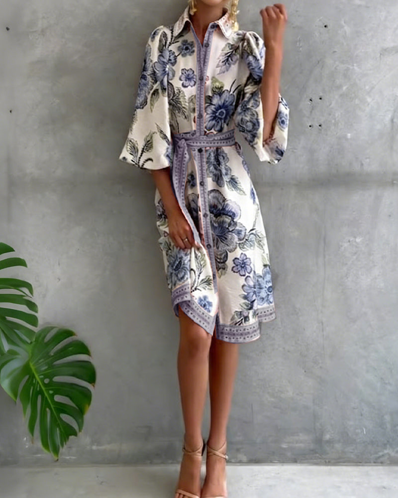Robe Fleurie Élégante Femme à Manches Lanternes et Boutons