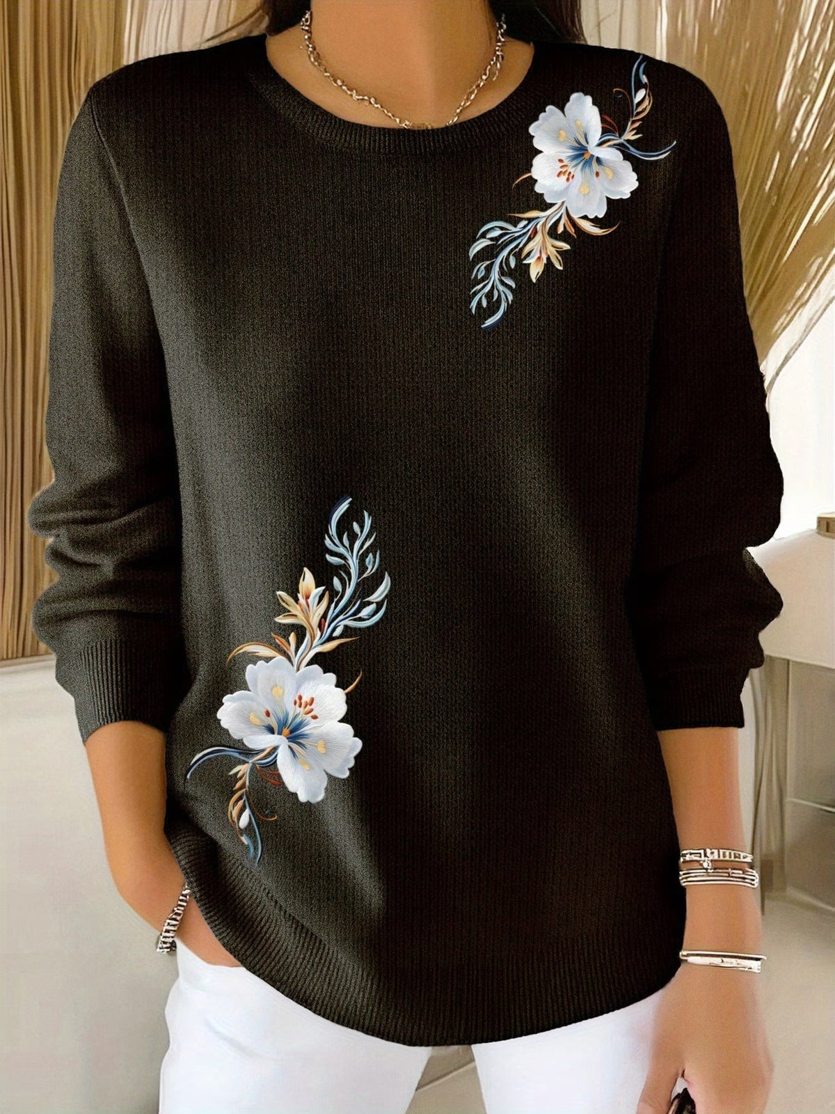 Pull femme en maille à imprimé floral col rond