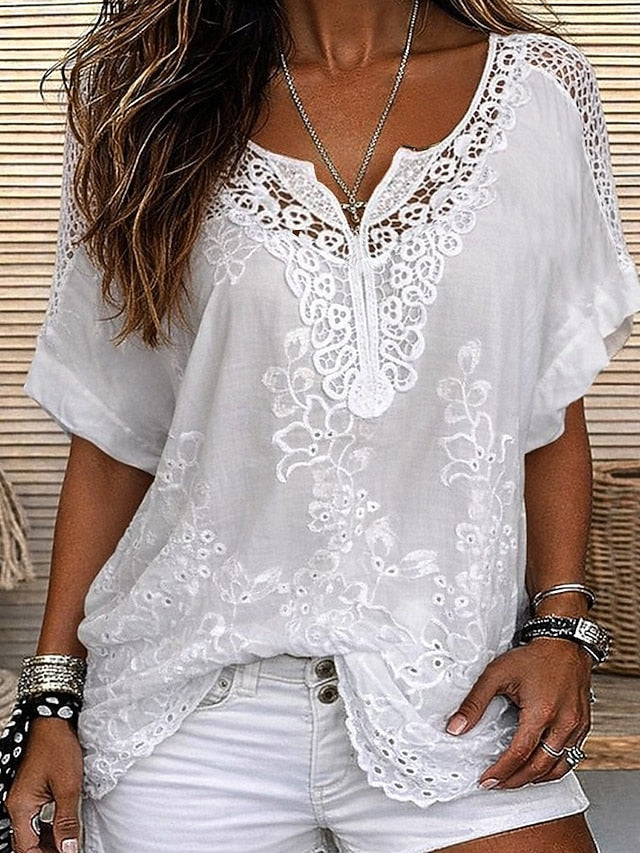 Blouse femme brodée avec dentelle florale et coupe fluide