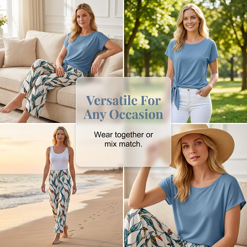 Ensemble femme deux pièces avec top noué et pantalon imprimé fluide