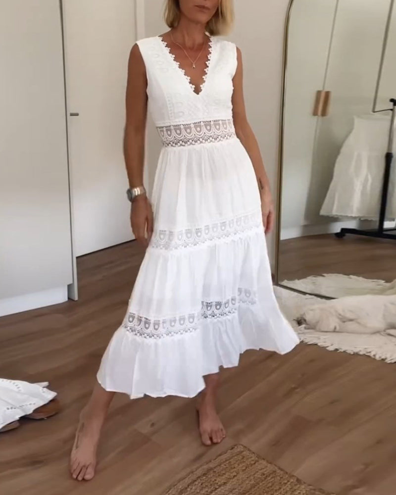 Robe Midi Femme Dentelle Col V Coupe Fluide Sans Manches Style Estival