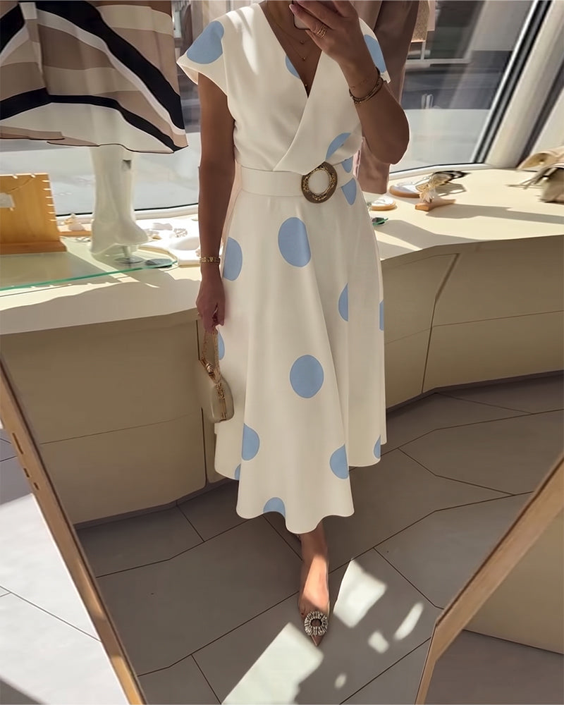 Robe femme à pois avec col V croisé et taille ceinturée