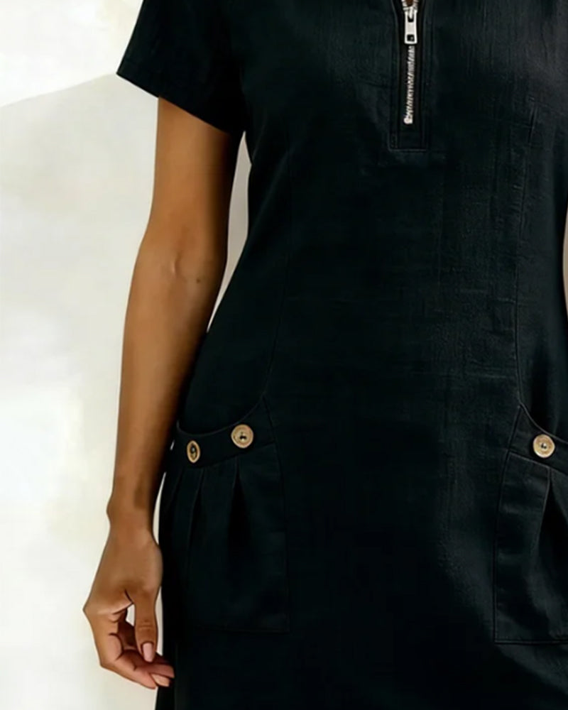 Robe Courte Femme Élégante avec Poches et Col Zippé Moderne