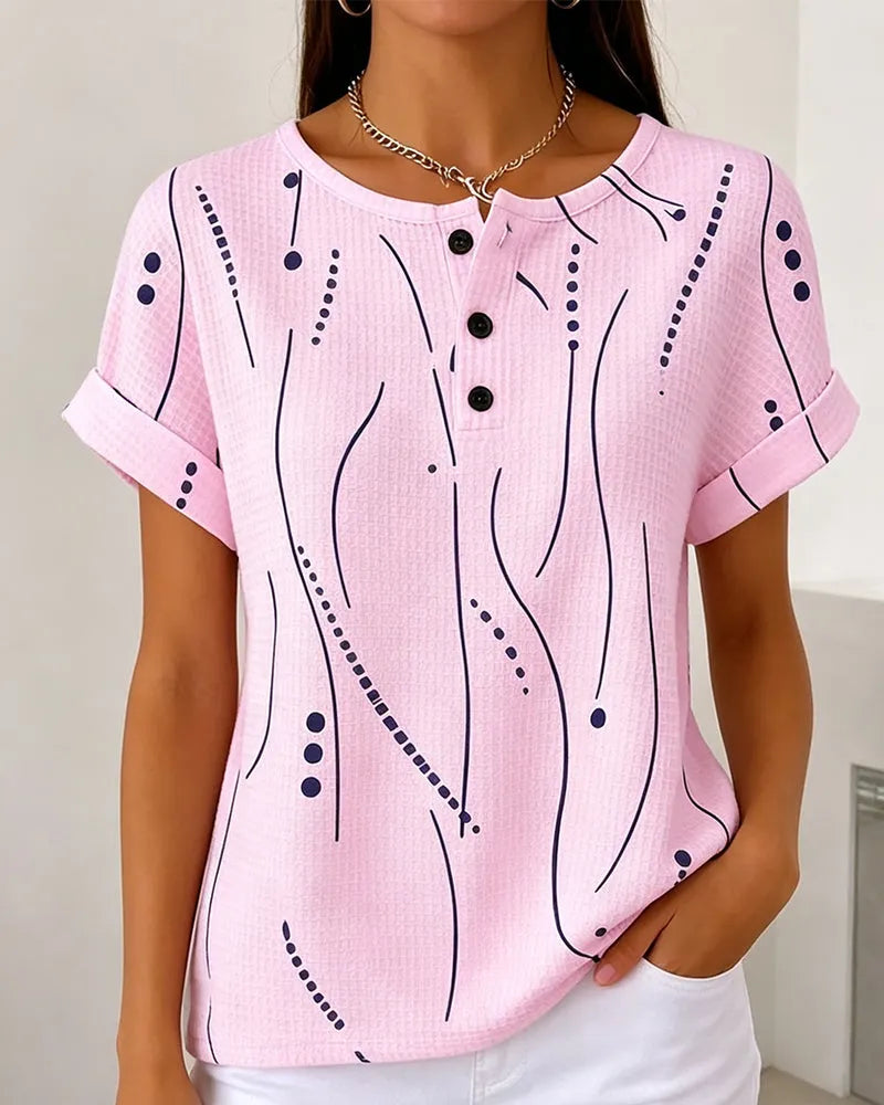 T-shirt femme imprimé à manches courtes avec boutons
