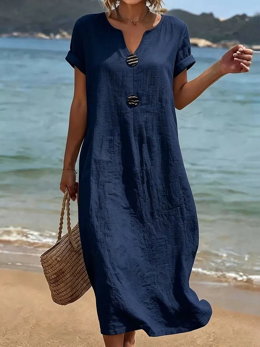Robe longue femme ample à col fendu et boutons décoratifs