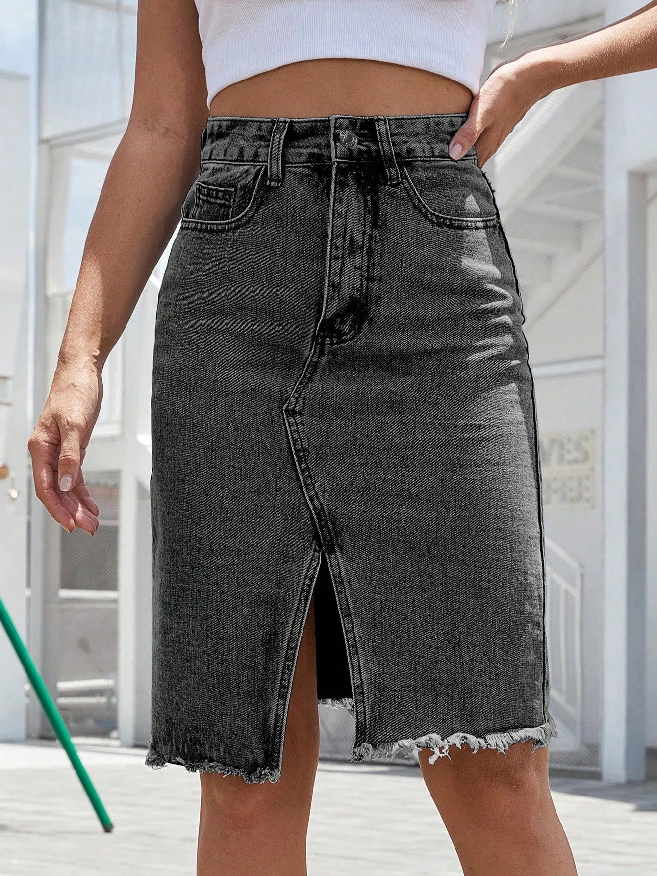 Jupe denim femme taille haute avec fente devant
