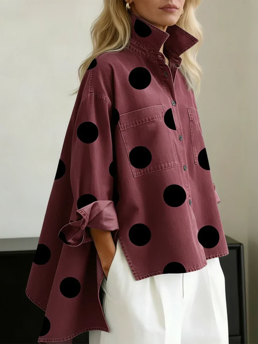 Haut Femme Oversize à Pois Artistiques Col Structuré Élégant