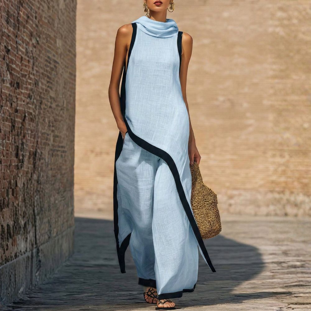 Tenue femme en lin et coton avec tunique asymétrique et pantalon large