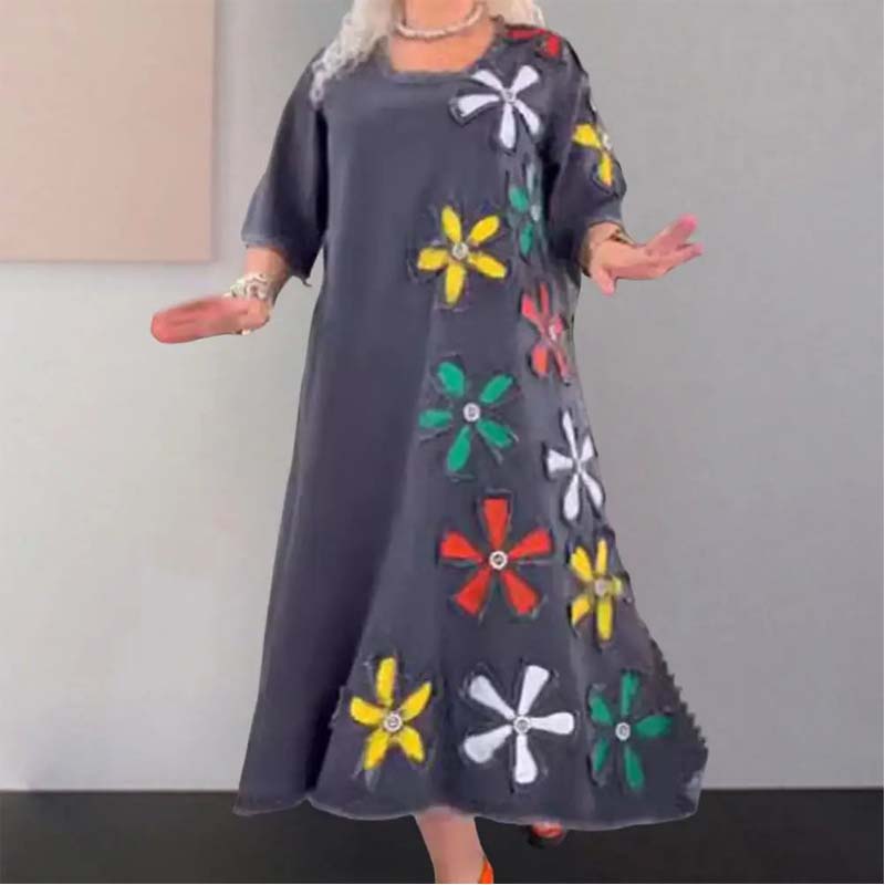Robe Femme Décontractée Coupe Ample Col Rond Imprimé Floral Style Casual