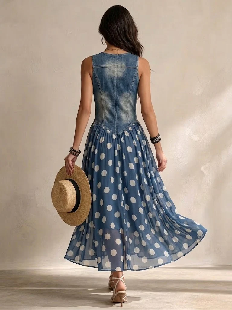Robe longue femme effet denim avec jupe à pois fluide